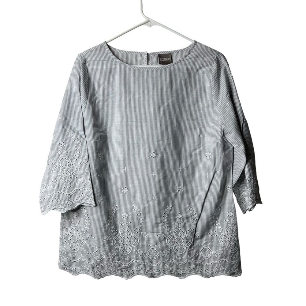Chicos Gray White Striped Embroidered Bateau Blouse 1